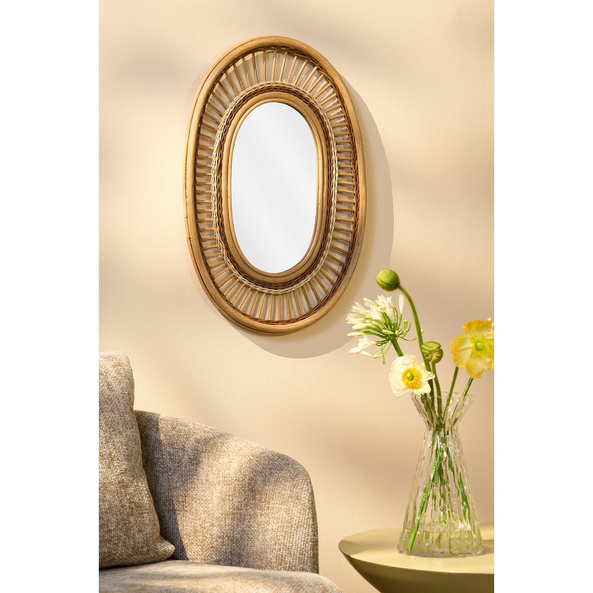 Oval Wandspiegel  - Rotan - Lichtbruin